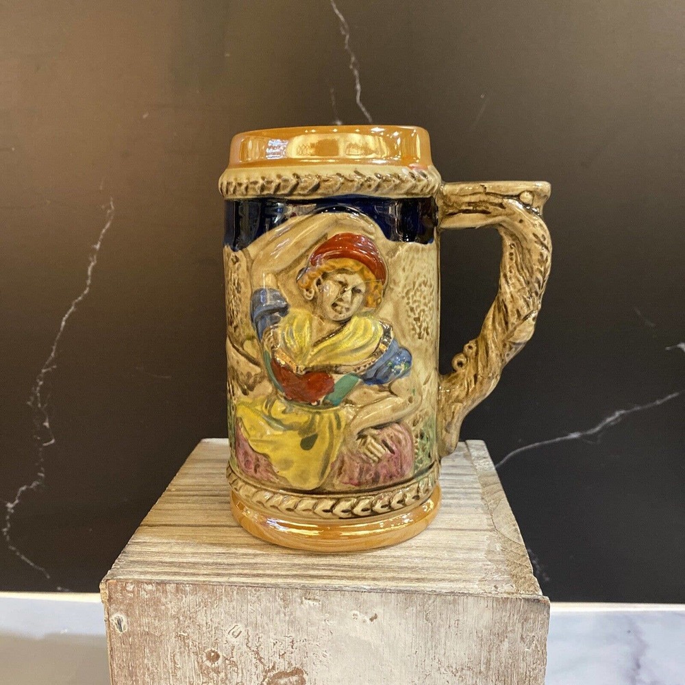 Vintage Brown Glazed 5" Mini Stein Dancing Woman W Apron Made in Japan Marked KW